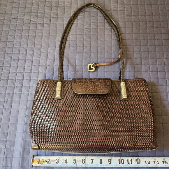 Brighton Vintage Woven Leather Tote | Brown Croc Embossed Flap | Silver Hardware - Picture 9 of 12